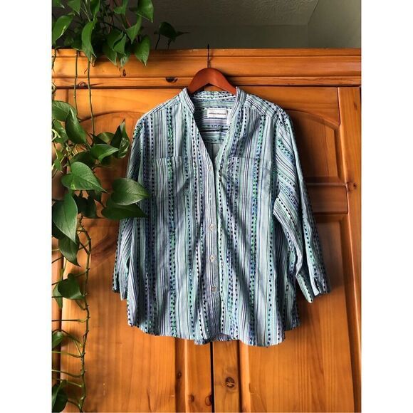 Alfred Dunner Button Up Blouse Green Striped Sz 18 - Picture 3 of 8